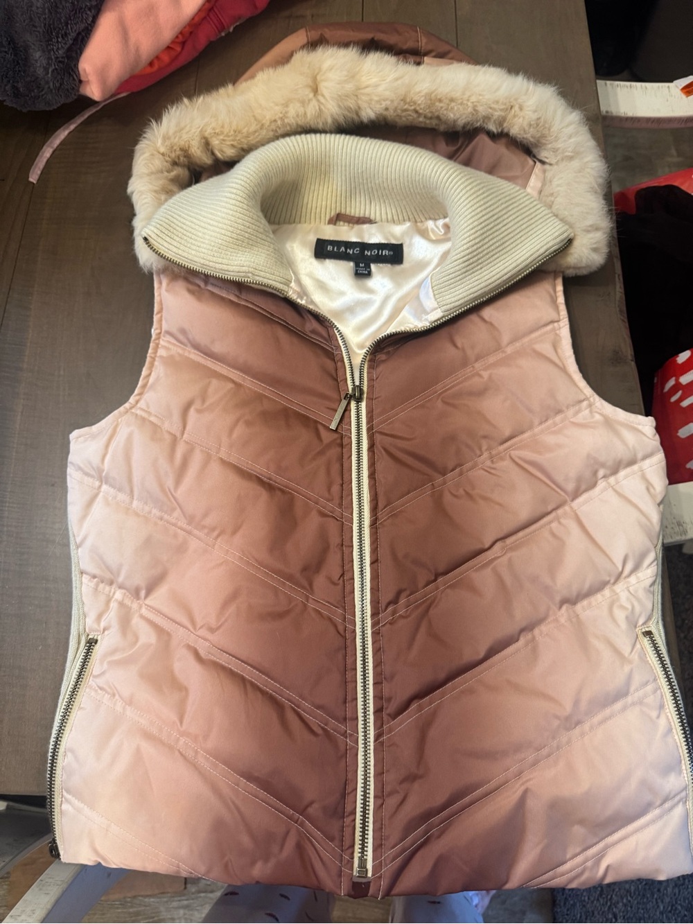 BLANC NOIR Size Medium Tan Ombré Puffer Vest with Removable Fur Hood